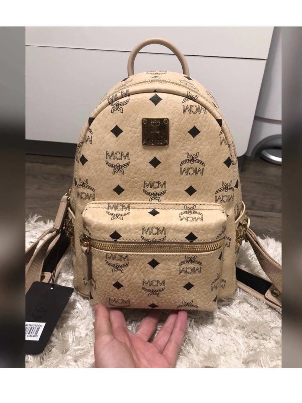 MCM Beige Logo Monogram Mini Backpack with Gold Hardware